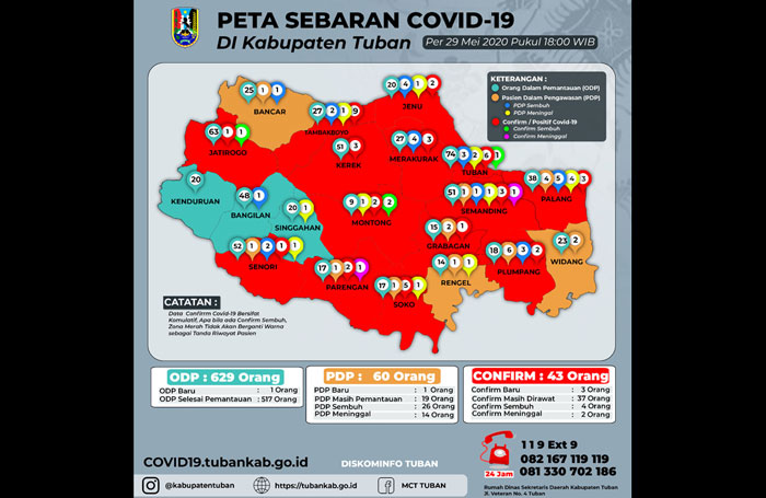 Peta sebaran kasud Covid-19 di Kabupaten Tuban per 29 Mei 2020.