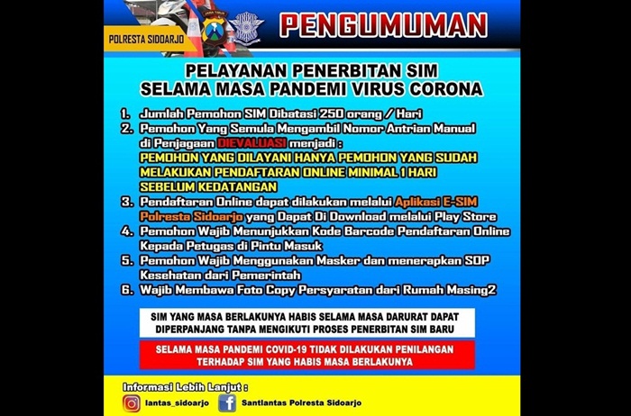 Kebijakan baru Satlantas Polresta SIdoarjo soal pengurusan SIM.