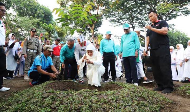 Gubernur Jatim, Khofifah Indar Parawansa melakukan penanaman bibit buah Matoa, yang merupakan pohon khas Papua, di halaman Edu Park, kompleks Masjid Nasional Al-Akbar Surabaya, Minggu (1/9). foto: ist