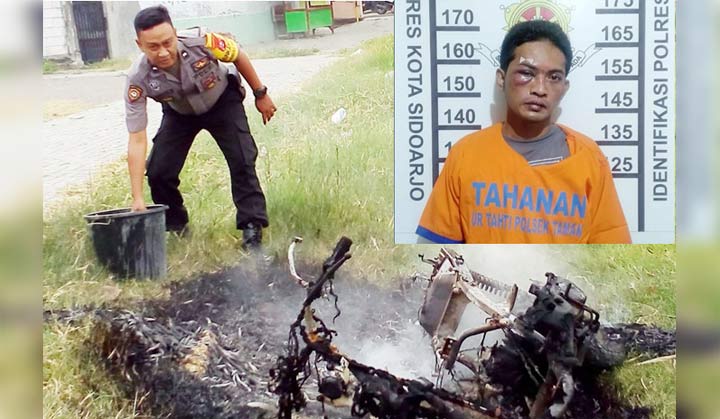 Petugas saat memadamkan sisa api yang menghanguskan motor tersangka. Inset: Tersangka Riski Adityawan.