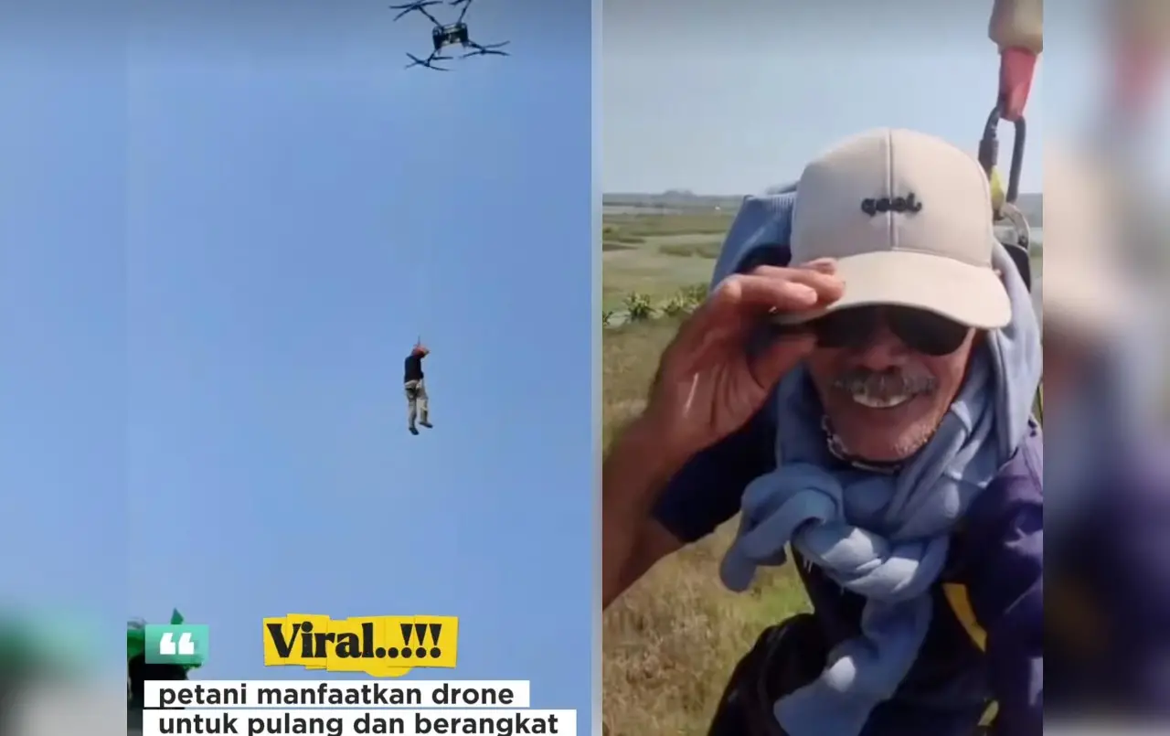 Tangkapan layar saat drone raksasa milik Budianto dimanfaatkan untuk mengangkut petani. Foto: Ist.