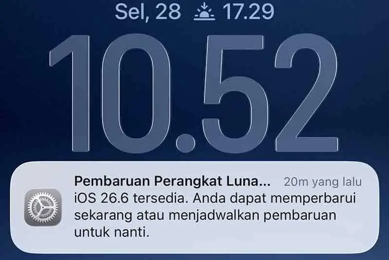 Notifikasi pembaruan iOS 26.6 pada iPhone.