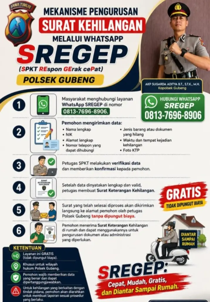 Program SREGEP Polsek Gubeng, Urus Surat Kehilangan Bisa dari Rumah dan Gratis Antar