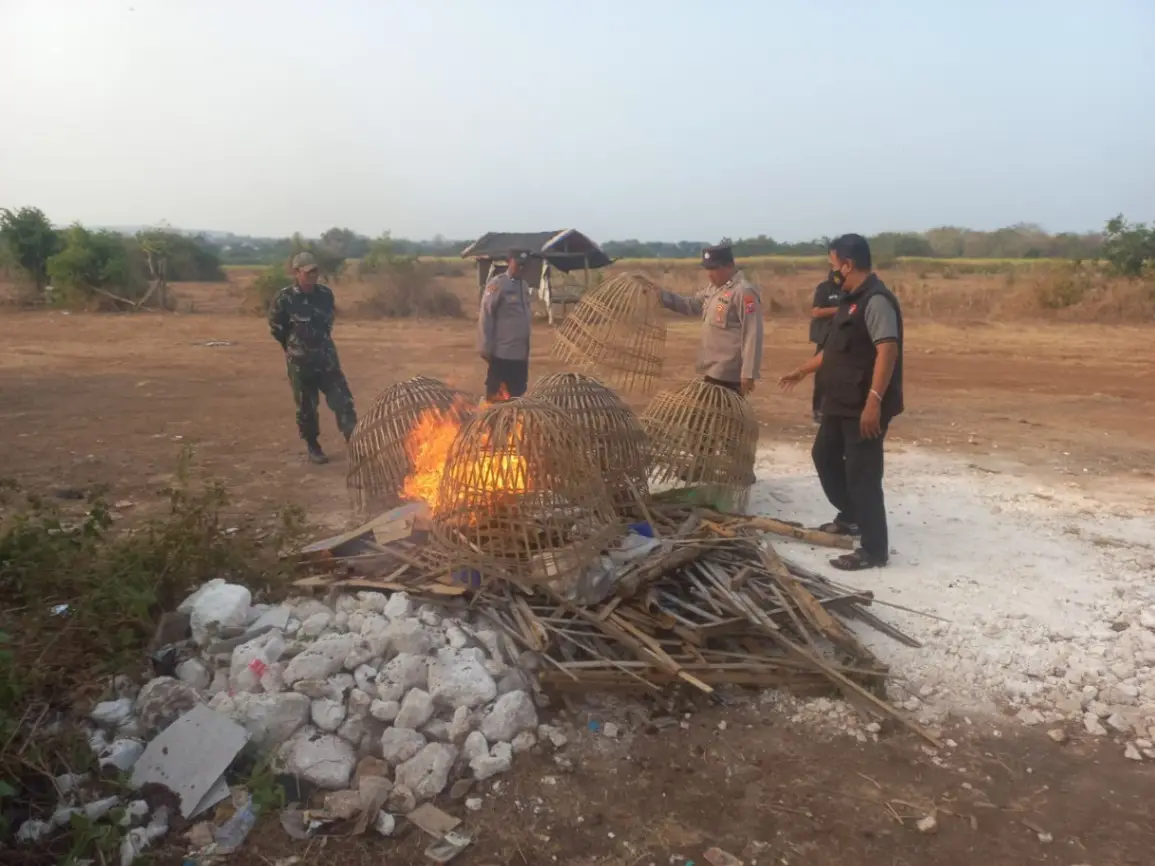 Polsek Sidayu Tertibkan Bangunan Kosong ya g Diduga Jadi Arena Sabung Ayam, Kurungan Dibakar