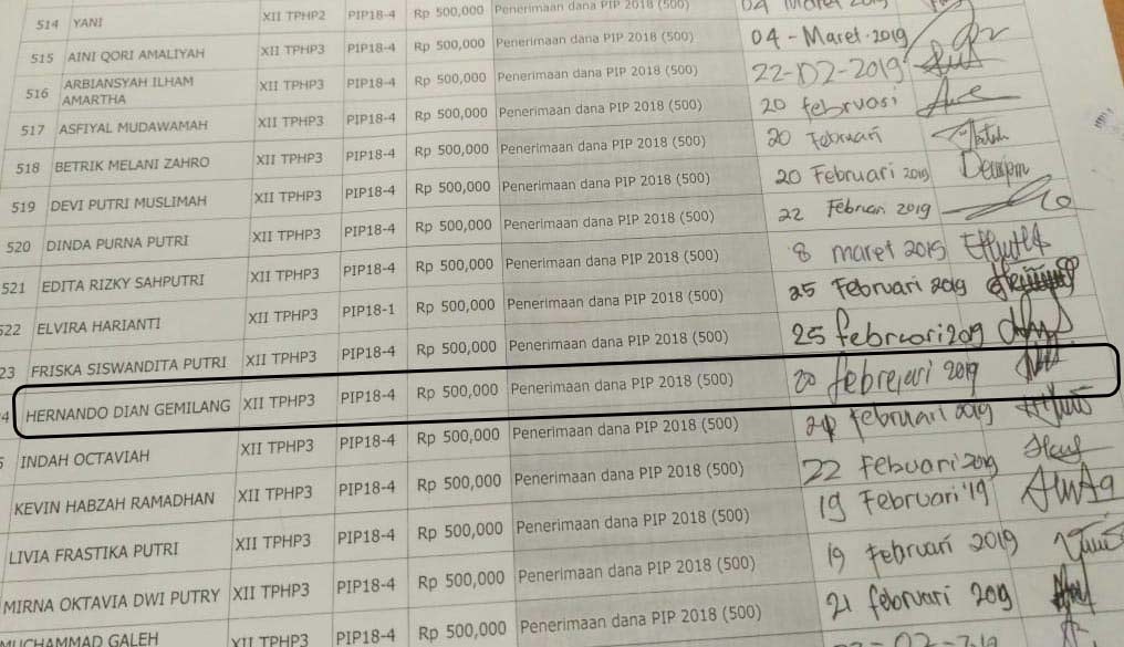 Bukti absen pengambilan Hernando Dian Gemilang yang diduga dipalsukan.