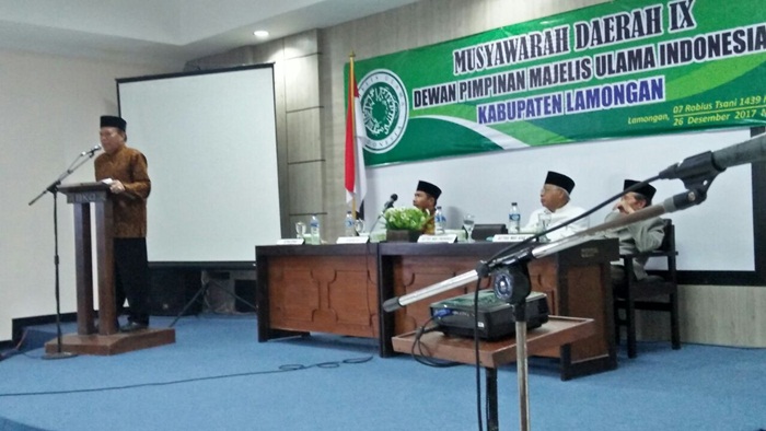 Bupati Lamongan Fadeli saat memberikan sambutan pembukaan Musyawarah Daerah IX MUI Kabupaten Lamongan tahun 2017.