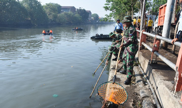 Para Prajurit Koarmada II sedang menjaring sampah di Kali Mas.