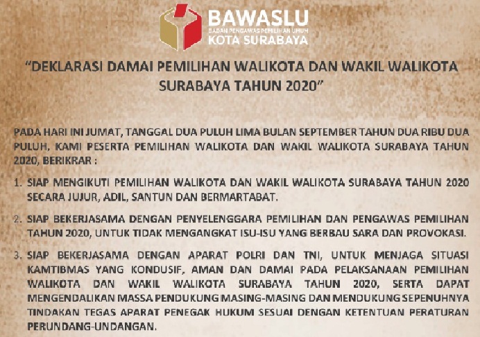 Malam Ini, Bawaslu Surabaya Gelar Ikrar Kesepakatan Deklarasi Damai Pilwali Surabaya 