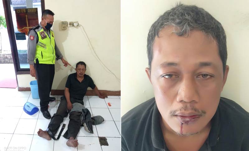 Tersangka saat diamankan di Mapolsek Krian.