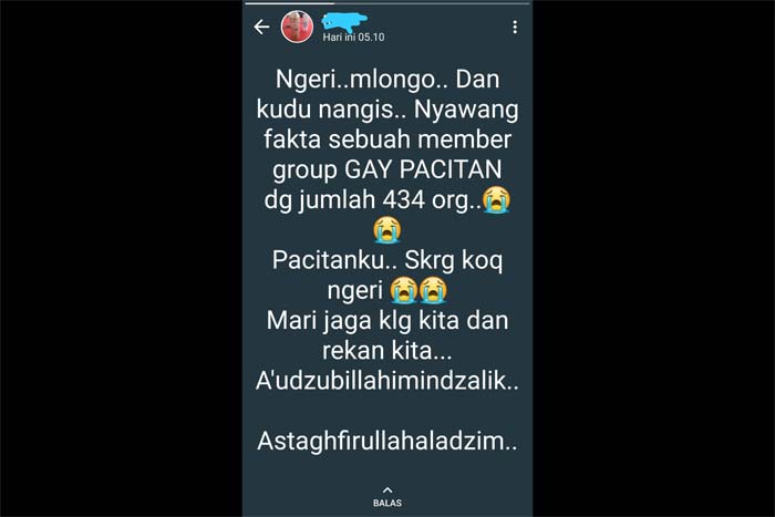 Unggahan salah seorang warganet di medsos yang mengungkapkan adanya kehidupan gay di Pacitan.