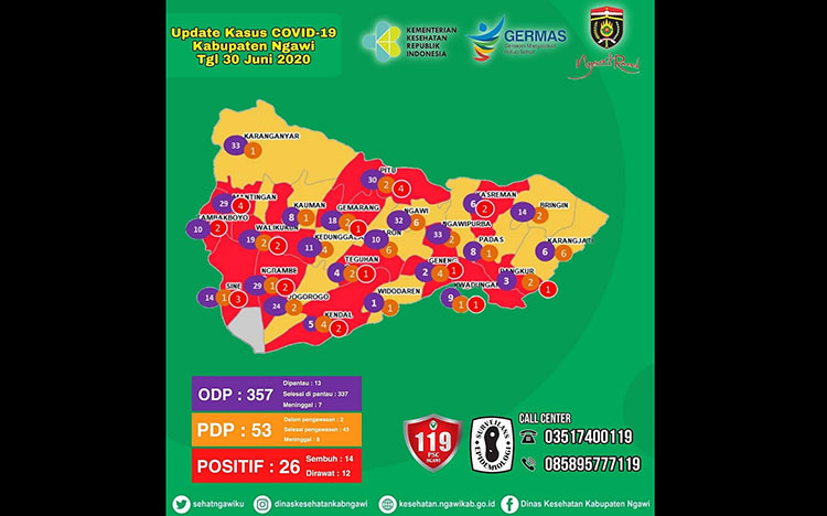 Peta sebaran kasus Covid-19 Kabupaten Ngawi.