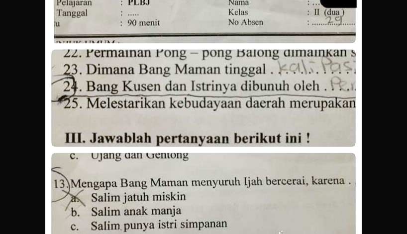 Siswa SD Dicekoki Materi Soal Ujian Bertema 'Perceraian dan Pembunuhan'