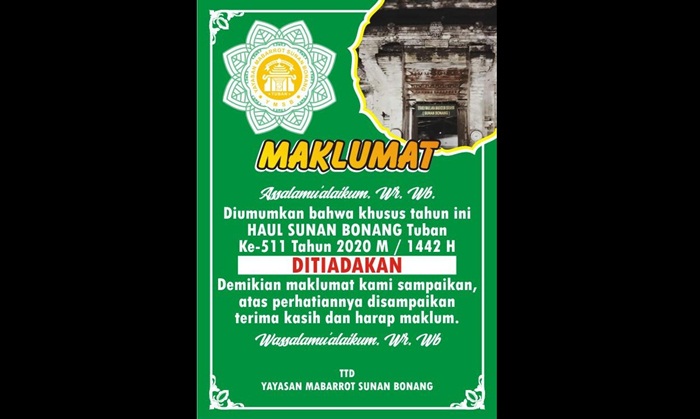 Masih Pandemi, Haul Sunan Bonang Tuban 2020 Ditiadakan