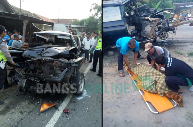 Kendaraan Panther ringsek di bagian depan, serta salah satu jenazah saat hendak dibawa ke RSUD Ngawi. foto: ZAINAL ABIDIN/ BANGSAONLINE