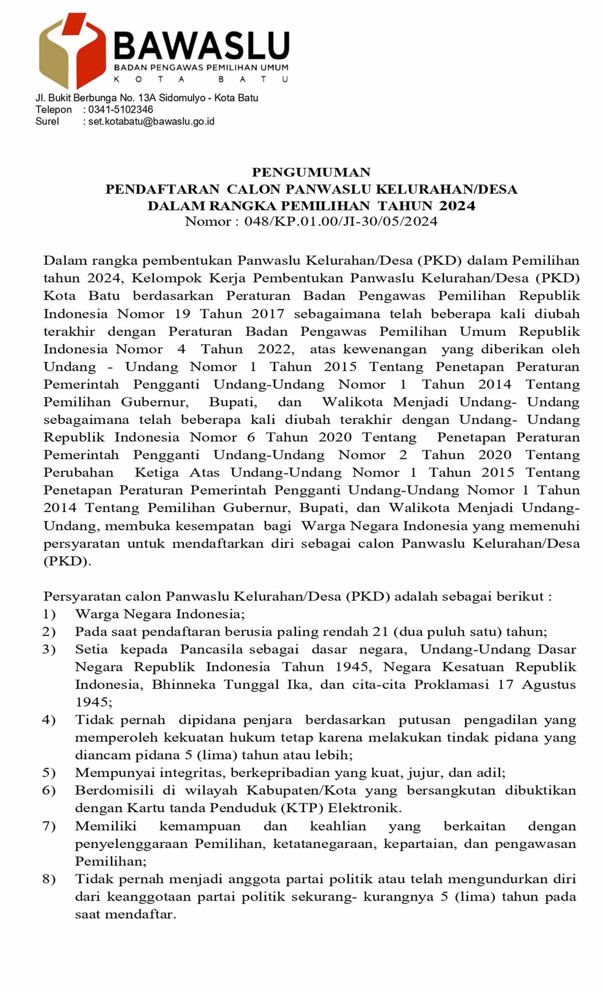 Jelang Pilkada 2024, Bawaslu Kota Batu Buka Pendaftaran Panwaslu Kelurahan/Desa (PKD), ini Syaratnya