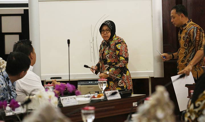 Risma saat memimpin rapat bersama para pengembang untuk pembangunan Jalan Luar Lingkar Barat (JLLB) di ruang sidang Wali Kota Surabaya, Kamis (1/8/2019).