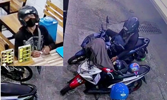 CCTV saat maling berhelm ojol mencuri laptop milik wartawan di Kedai Soto, Jalan Bumi Indah, Sambikerep, Surabaya. inset: Pelaku saat pesan es teh.