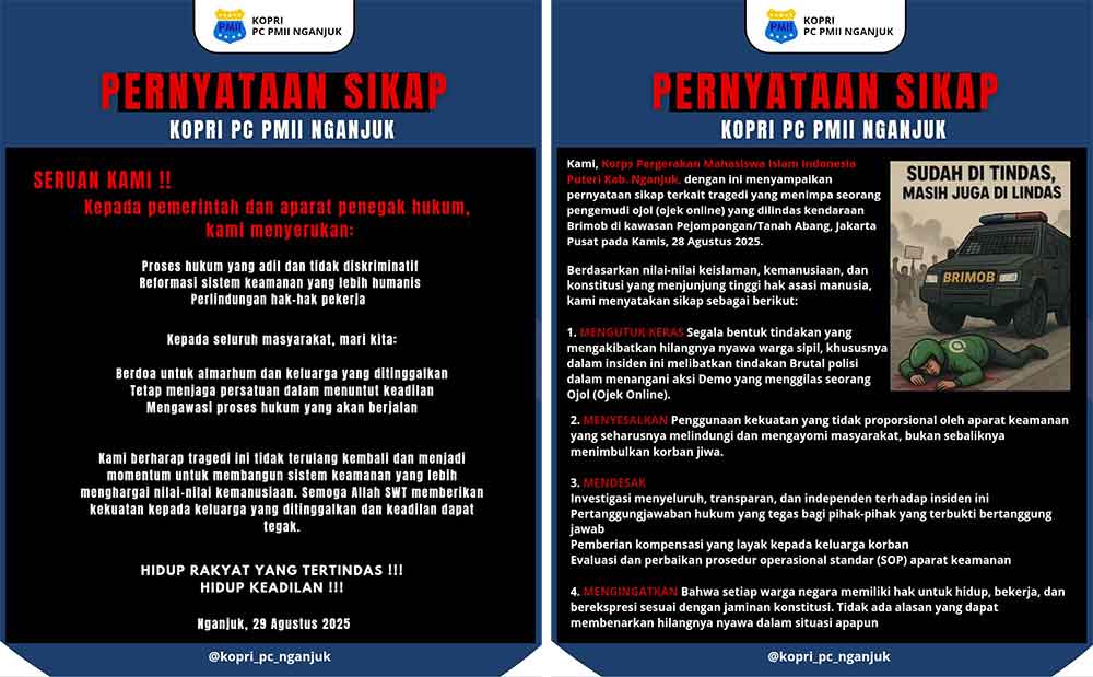 Kopri PC PMII Nganjuk Keluarkan Pernyataan Sikap Terkait Meninggalnya Driver Ojol
