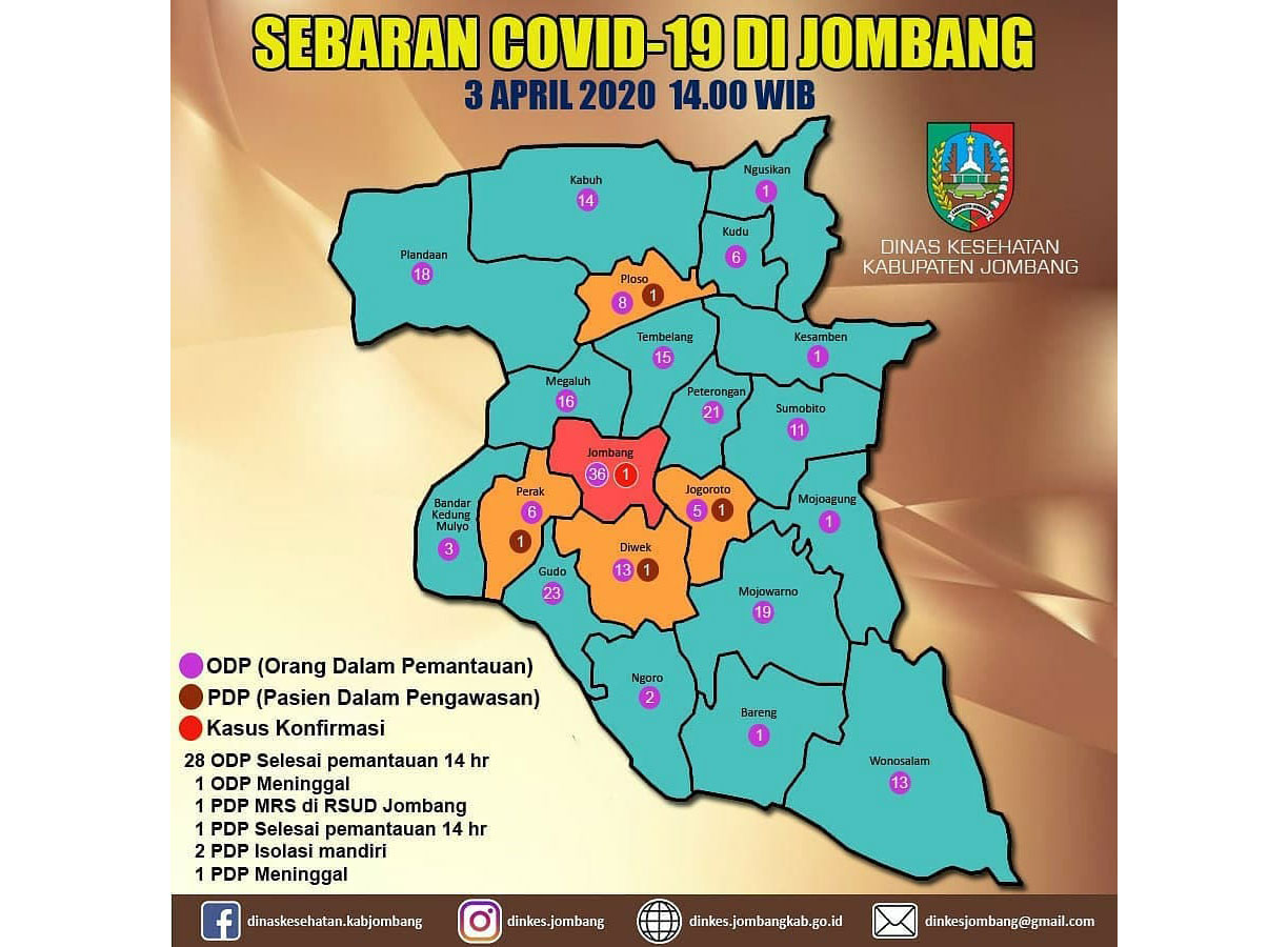 Peta sebaran Covid-19 di Jombang.