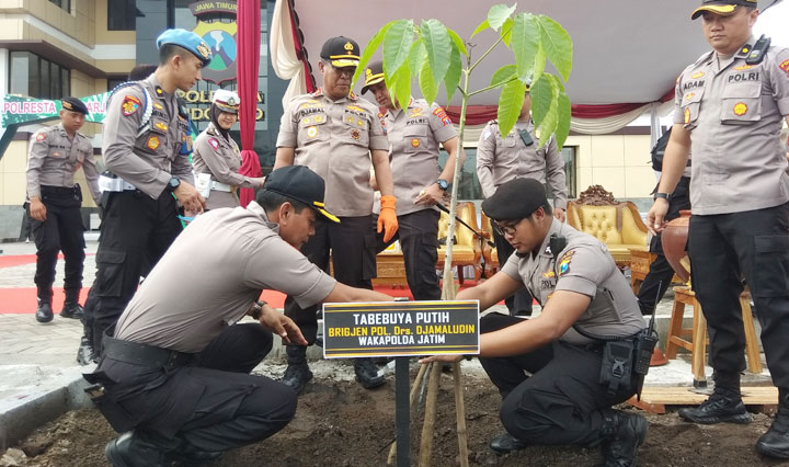 Penanaman pohon oleh Wakapolda Jatim Brigjen Djamaludin di halaman Mako Polresta Sidoarjo.
