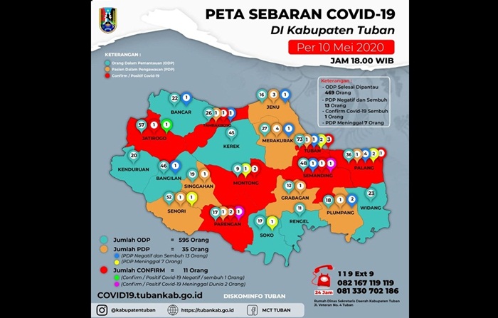 Peta sebaran Covid-19 di Kabupaten Tuban per tanggal 10 Mei 2020.